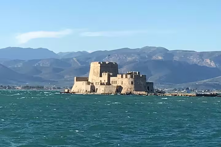Bourtzi Castle in Nafplio harbor seen from the sea on the Epidaurus, Mycenae and Nafplio small-group tour