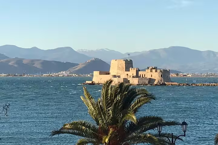 Bourtzi fortress in Nafplio harbor on Epidaurus, Mycenae and Nafplio small-group tour from Athens