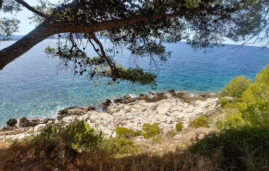 Rocky Adriatic shoreline and turquoise sea on Brac, scenic stop on private boat tour to Brac and Solta