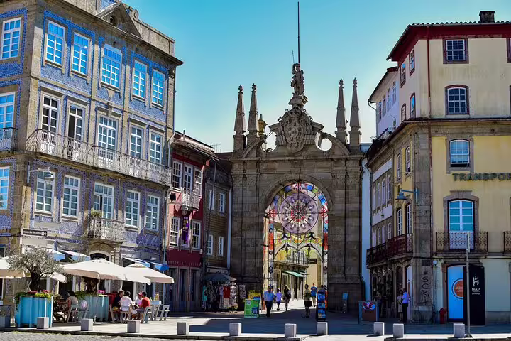 Historic Arch of the New Gate in Braga's Largo do Barão de São Martinho square, Portugal