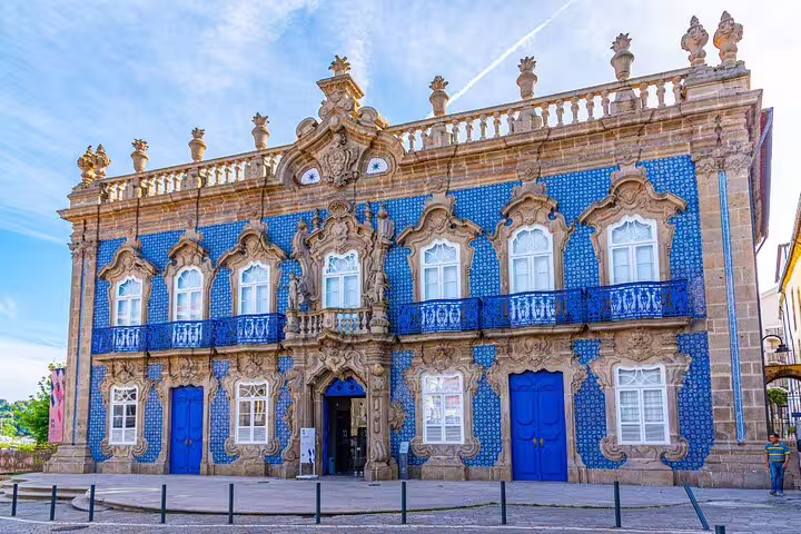 Baroque blue azulejo tile facade of historic palace in Braga, Portugal