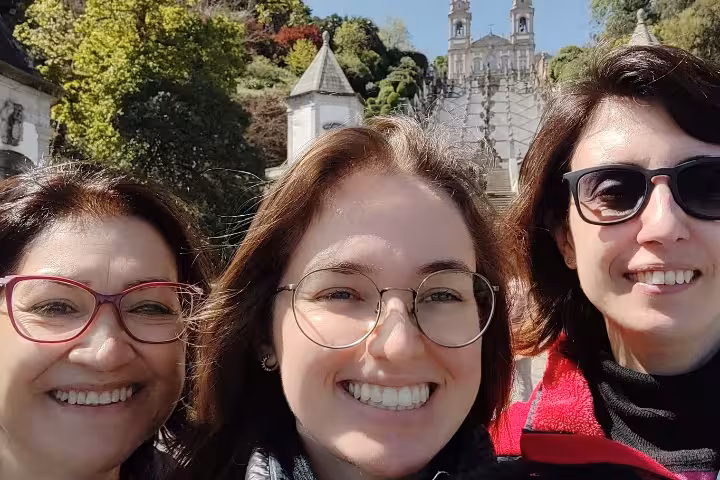 Travelers selfie at Bom Jesus do Monte staircase in Braga on a half-day small-group tour, Portugal