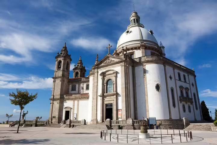 Baroque facade of Sameiro Sanctuary with white dome and twin bell towers in Braga, Portugal