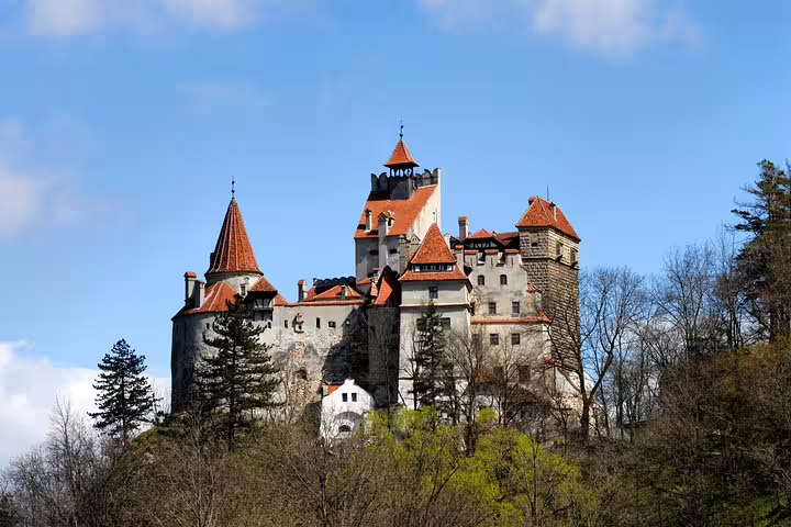 Bran Castle perched on a rocky hill with red-roofed towers and stone walls surrounded by trees in Romania