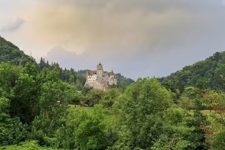 Bran Castle perched on a rocky hill surrounded by lush green forest and mountains in Transylvania, Romania