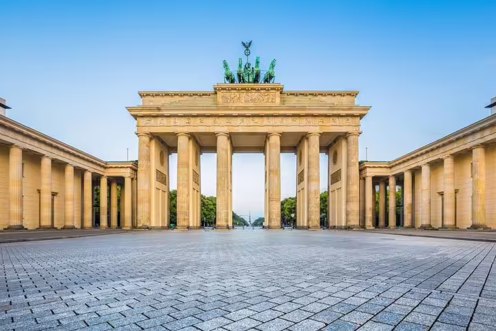 Brandenburg Gate neoclassical monument with Quadriga sculpture at dawn, Berlin, Germany