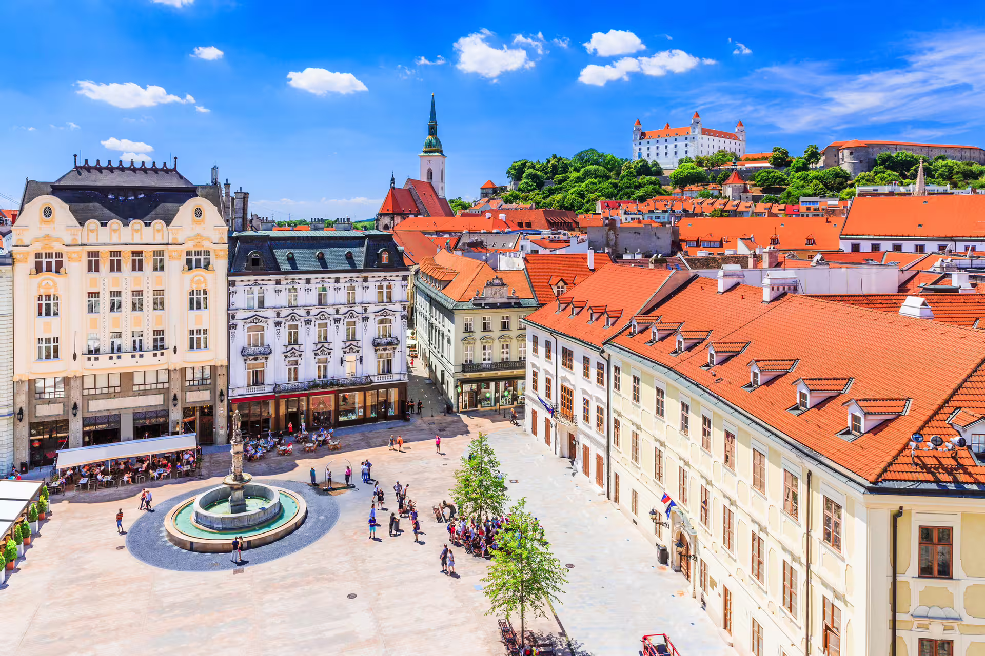 Panoramic Bratislava Old Town view with Main Square fountain and Bratislava Castle on 1-day audioguide tour