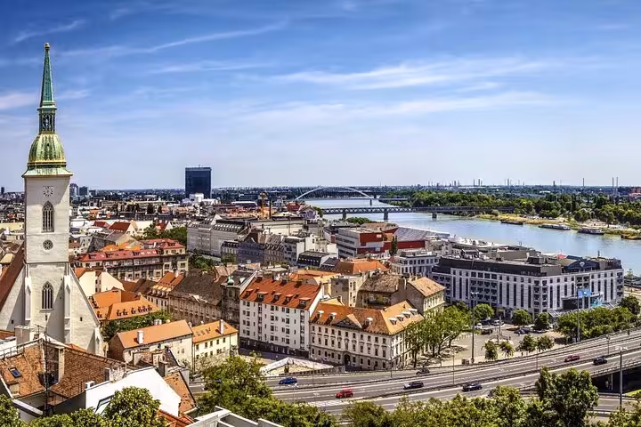 Bratislava Old Town skyline and Danube River panorama, highlight stop on Vienna to Bratislava and Budapest tour