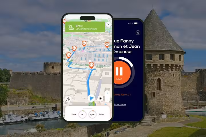 Smartphone showing GPS audio guide app map for self-guided walking tour in Brest, France with castle in background