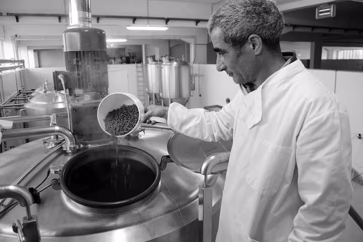Brewmaster pouring hops into a brewing kettle at a Porto brewery, illustrating the craft beer production process.