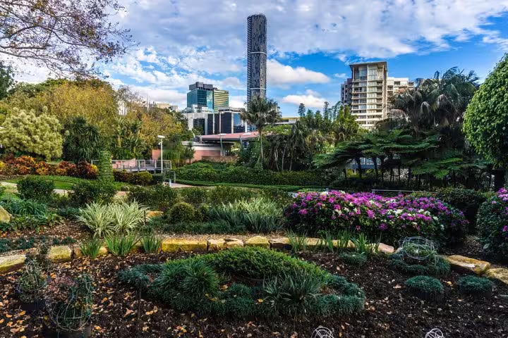 Lush botanical gardens with colorful flowers and Brisbane city skyscrapers in the background