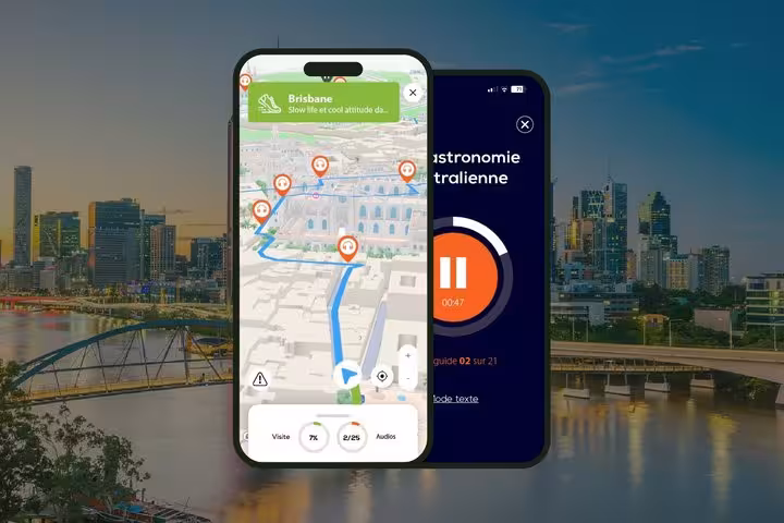 Smartphone showing Brisbane self-guided walking tour map with audio guide interface and 18 marked stops