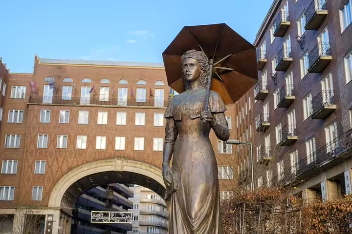 Bronze statue of a woman holding an umbrella in Budapest's Jewish Quarter with historic buildings behind