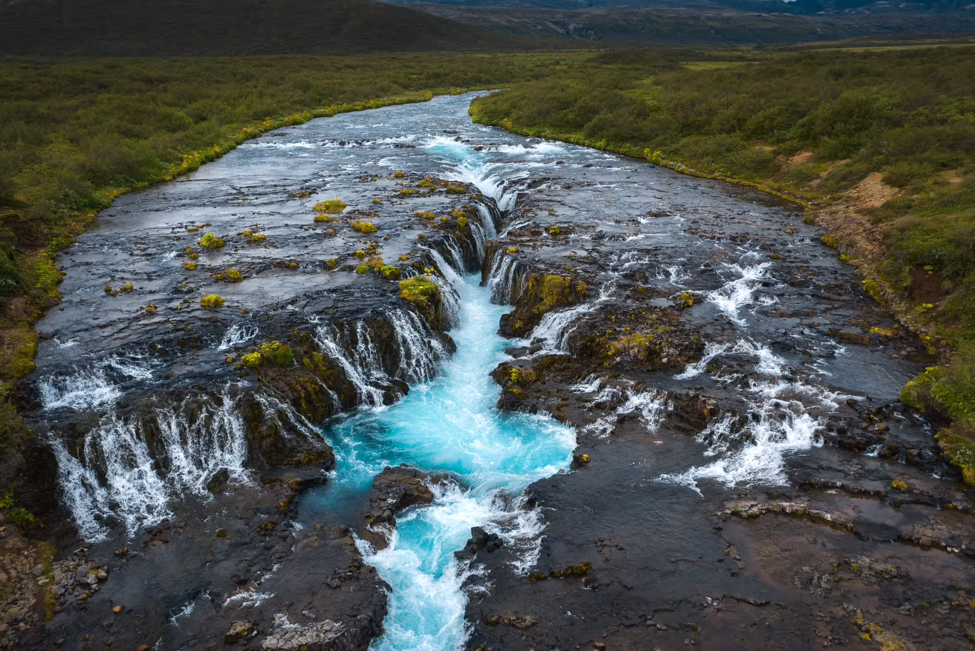 Aerial view of Bruarfoss waterfall on Iceland’s Golden Circle, included in a private extended tour from Reykjavik