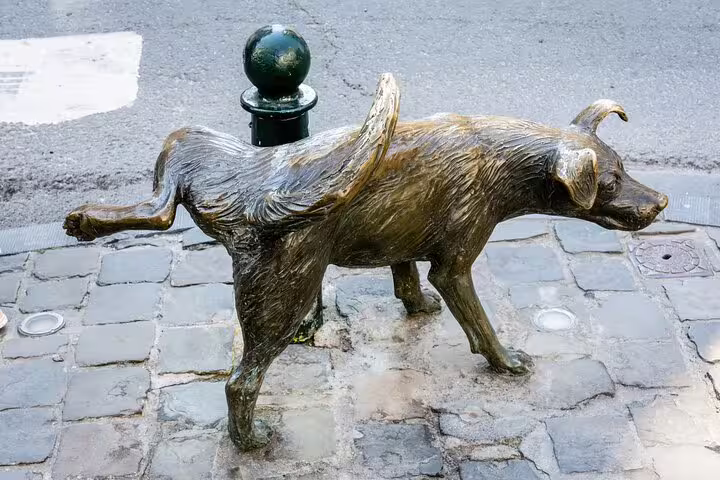 Bronze dog statue on cobblestones in Brussels, highlighting unique local art on a private walking tour off the beaten path.