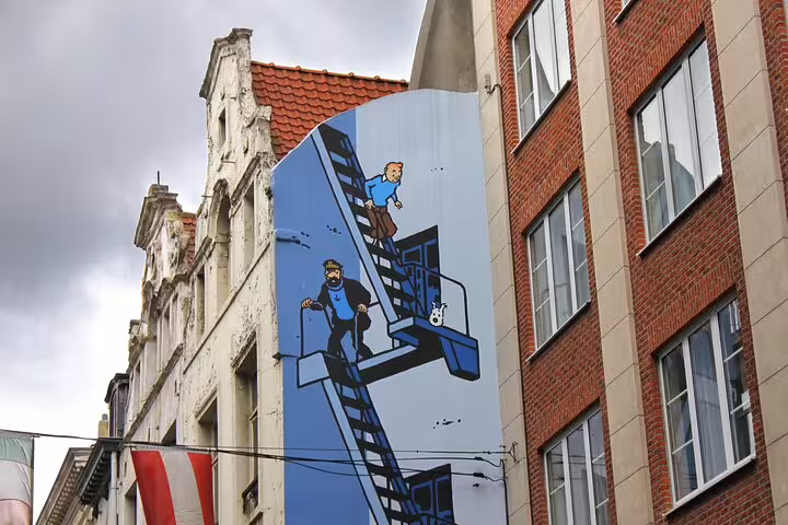 Tintin and Captain Haddock comic strip mural on Brussels building facade