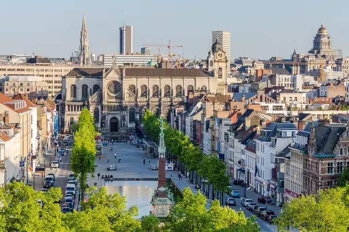 Aerial view of Brussels city center with gothic church, tree-lined boulevard and historic skyline