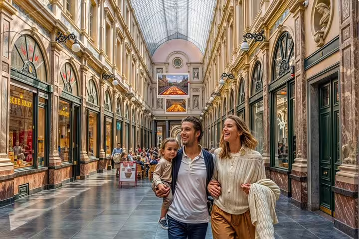 Family enjoying a private local walking tour inside the iconic Galeries Royales Saint-Hubert in Brussels, exploring hidden gems.