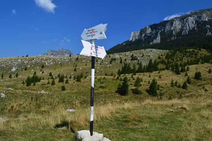 Trail signpost on alpine meadow with rocky Piatra Craiului mountains in background, Bucegi Mountains trek