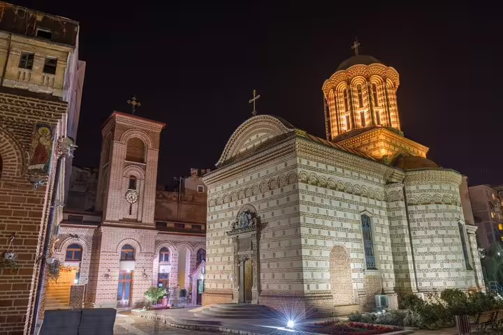 Saint Anton Church illuminated at night in Bucharest Old Town historic district