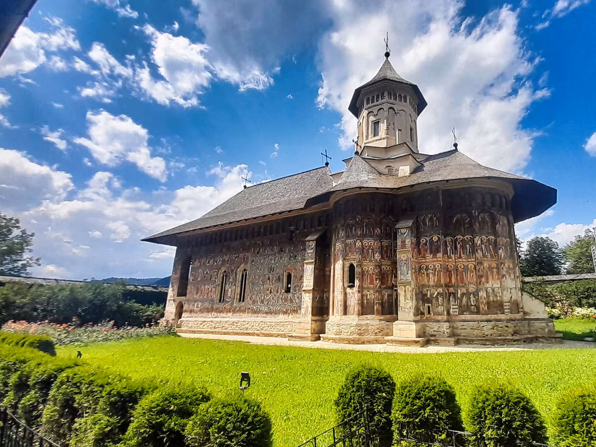 Stunning UNESCO-listed Bucovina painted monastery with vibrant exterior frescoes on a 2-day Romania tour