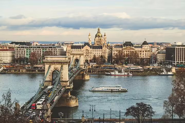 Chain Bridge over the Danube River with St. Stephen's Basilica in Budapest skyline