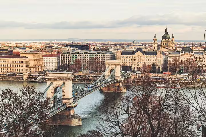 Aerial view of Budapest Chain Bridge over the Danube River with city skyline and St. Stephen's Basilica