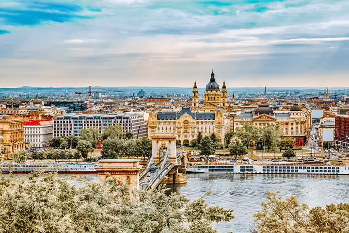 Aerial view of Budapest with Chain Bridge over the Danube River and St. Stephen's Basilica in background