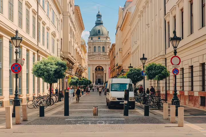 Downtown Budapest street view toward St Stephen’s Basilica on a Private City Tour Budapest Modern experience