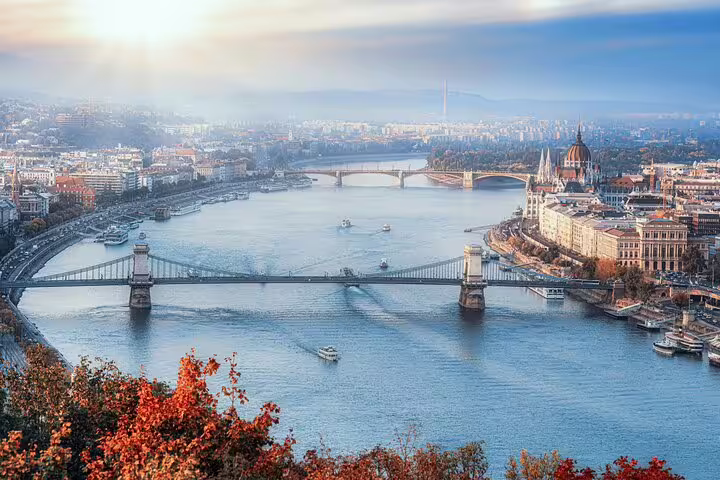Aerial view of Budapest with Chain Bridge over the Danube River and Hungarian Parliament Building in autumn