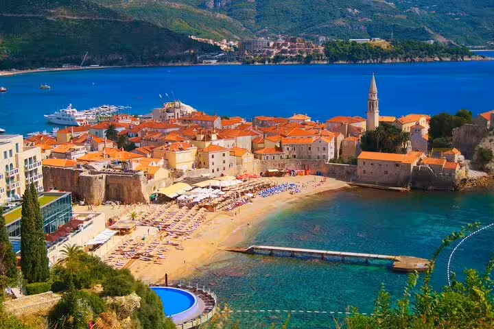 Budva Old Town and sandy beach on the Adriatic coast, scenic stop on private car ride from Dubrovnik