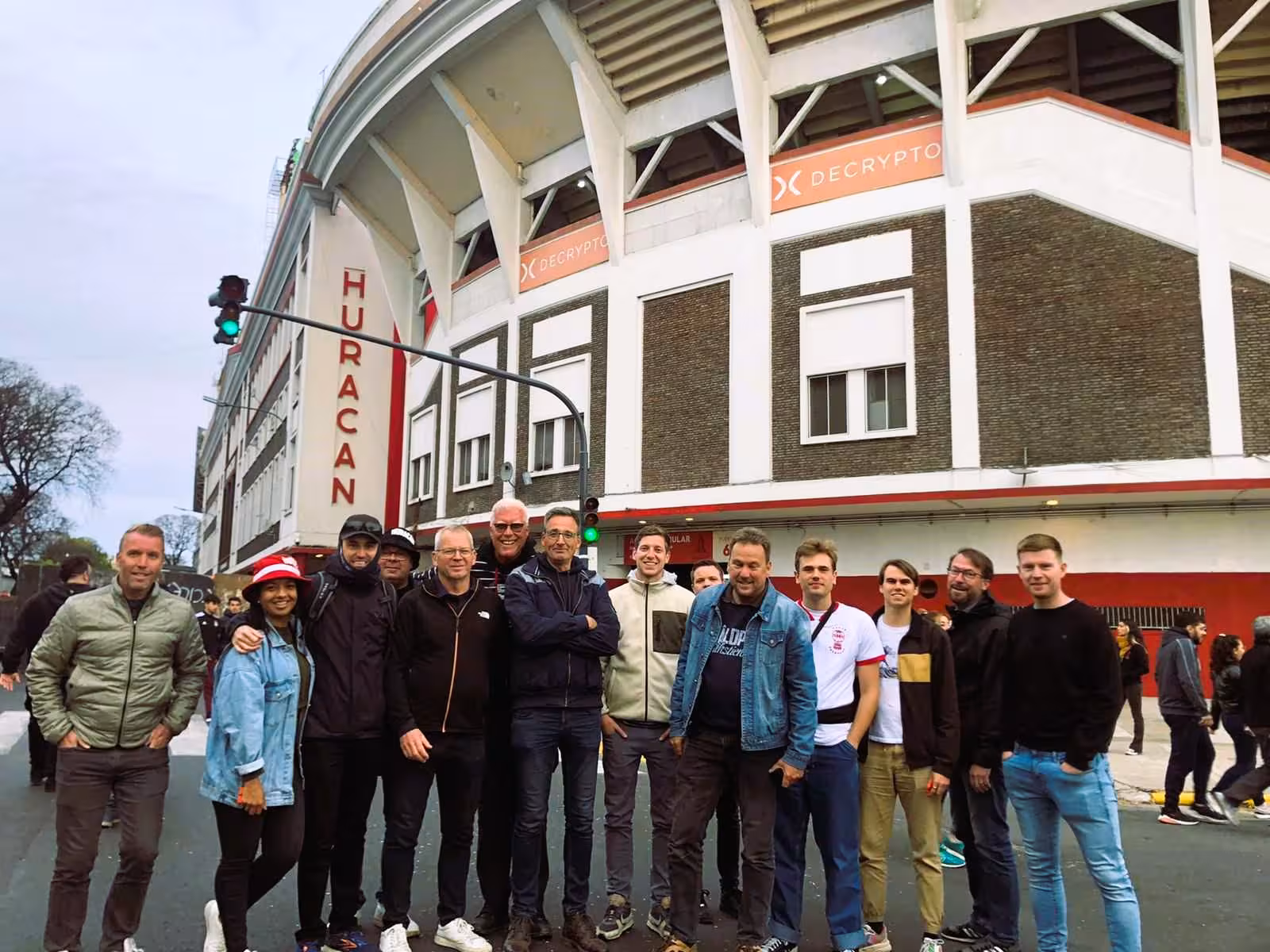 Travelers with a local host outside Huracán stadium in Buenos Aires before a soccer matchday experience