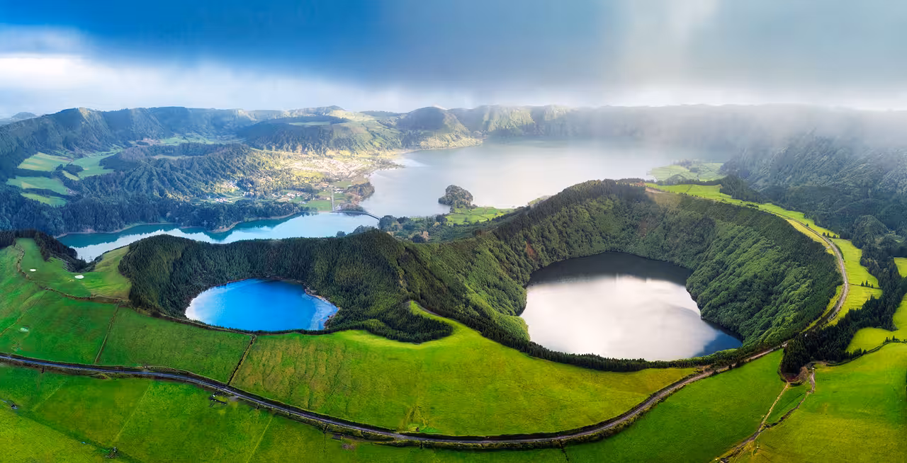 Aerial view of Sete Cidades twin lakes and volcanic crater on São Miguel, Azores, seen on a buggy off-road half-day excursion
