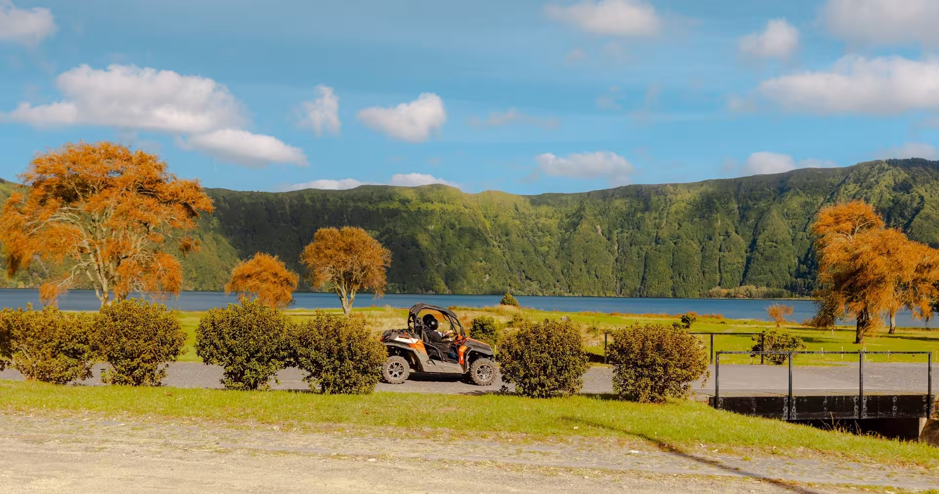 Buggy tour at Sete Cidades, Azores, with off-road UTV by the lake and green caldera mountains