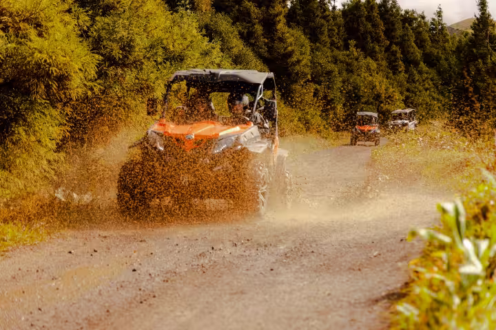 Convoy of buggies racing on muddy dirt road in pine forest on Half-day Buggy Tour Seven Cities, Azores