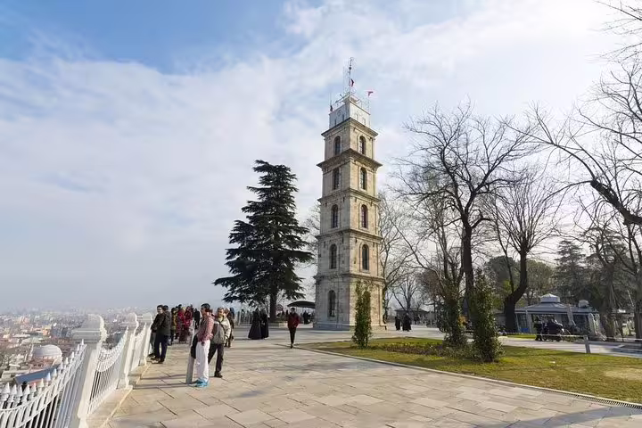 Bursa Tophane Clock Tower viewpoint stop on a private day trip from Istanbul, with city panorama and gardens