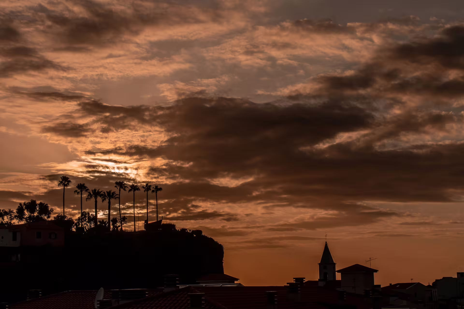 Sunset silhouette of Cabo Girão with palm trees and rooftops, highlighting the scenic beauty of Madeira's west side tour.