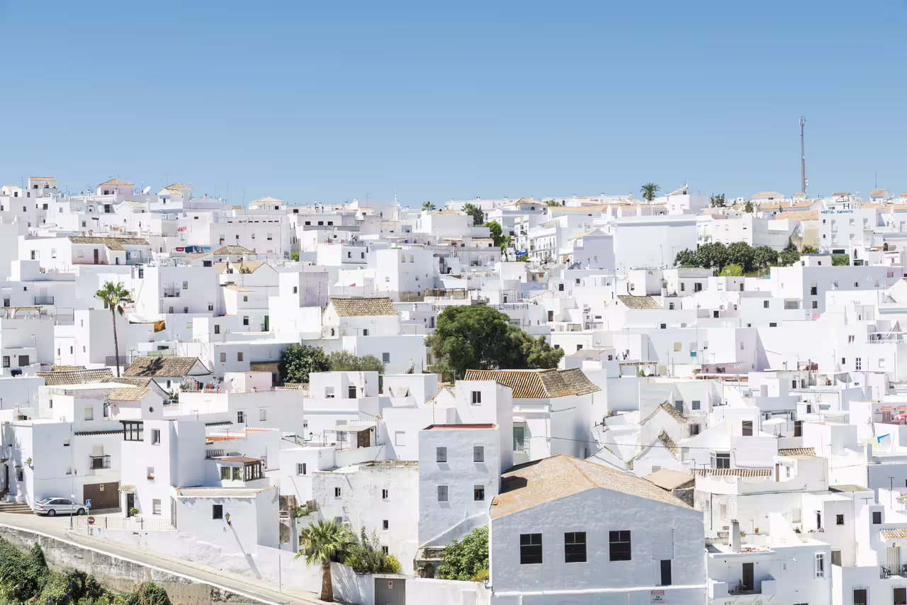 Whitewashed Andalusian rooftops panorama near Cadiz, featured on Cadiz in 1 day self-guided walking tour audioguide