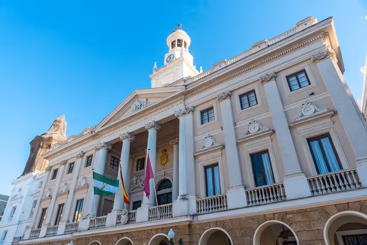 The historic Cadiz City Hall in Spain, showcasing neoclassical architecture on a sunny day for the Hello Cadiz city walk.