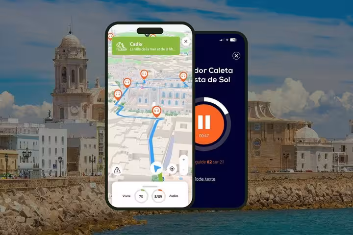 Cadiz walking tour app showing interactive map with audio guide on two smartphones with city skyline background