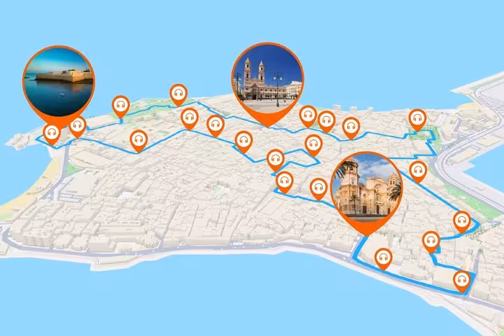 Interactive map of Cadiz walking tour route with audio guide stops marking landmarks and historic sites