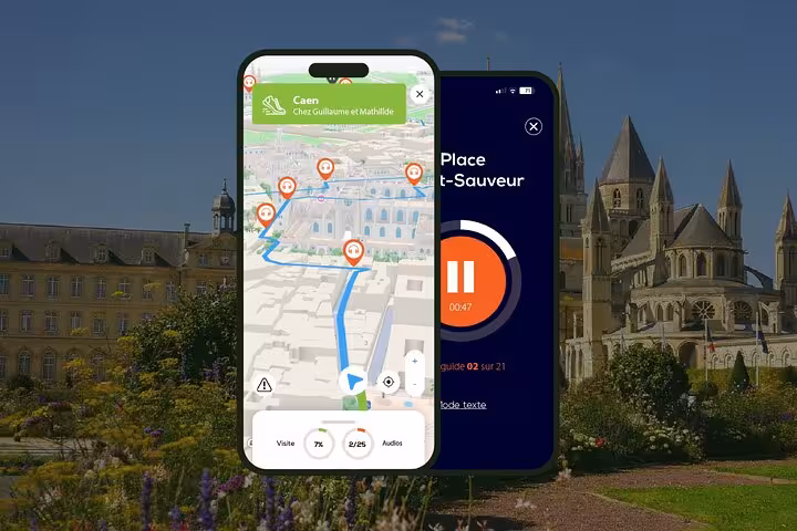 Caen self-guided walking tour app showing GPS map route and audio commentary for Place Saint-Sauveur