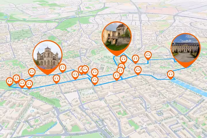 Interactive 3D map of Caen walking tour route with orange audio guide pins marking historic landmarks