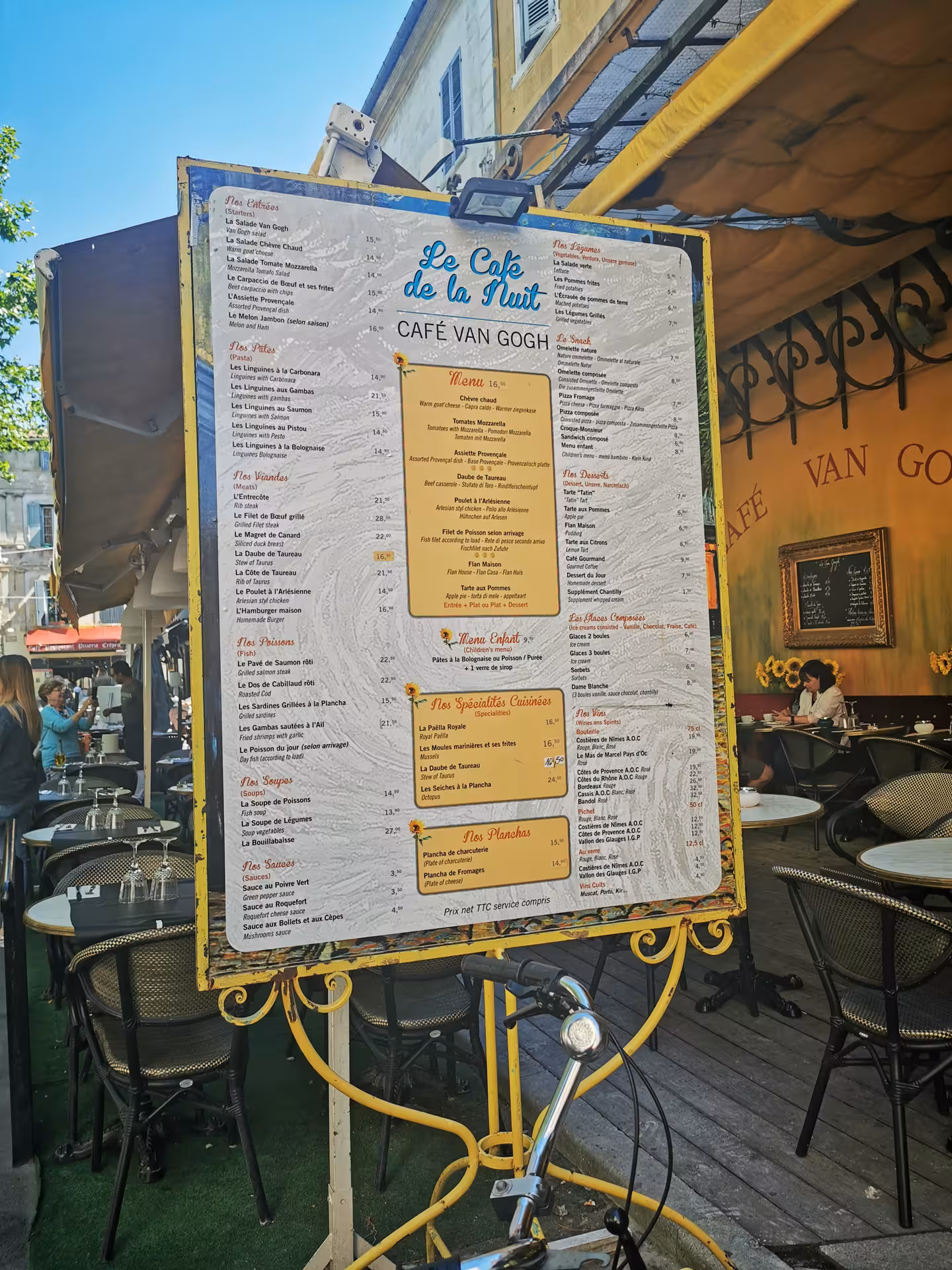 Menu board at Café Van Gogh in Arles, Provence, featured on a private full-day trip from Aix-en-Provence