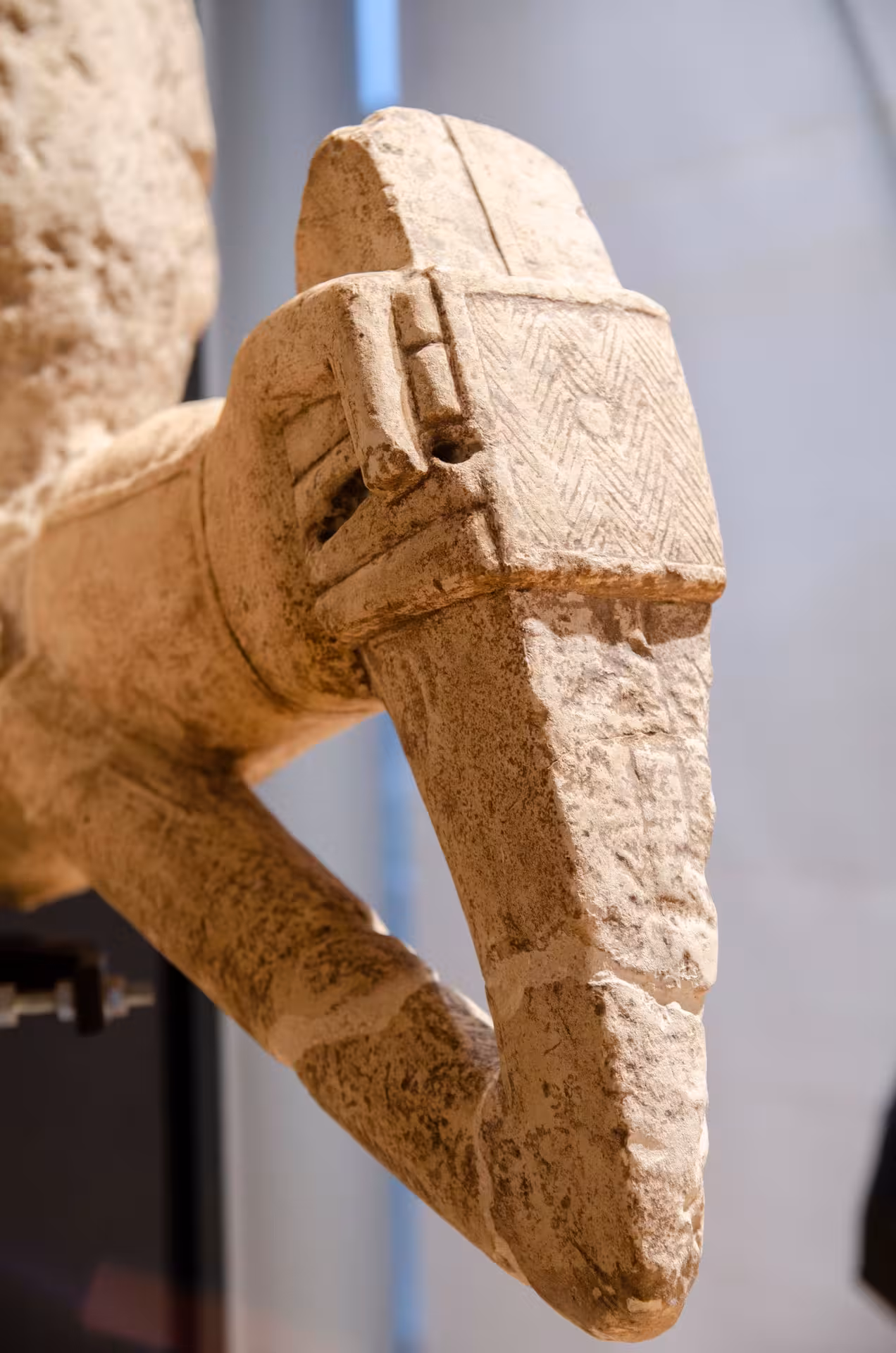 Close-up of ancient stone sculpture detail at Cagliari Archaeological Museum, showcasing intricate craftsmanship.
