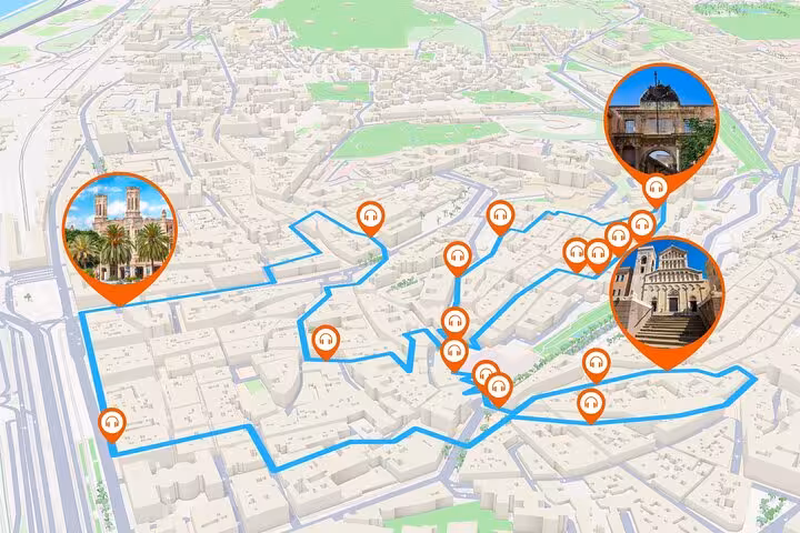 Self-guided audio walking tour map of Cagliari with marked stops at cathedral and landmarks