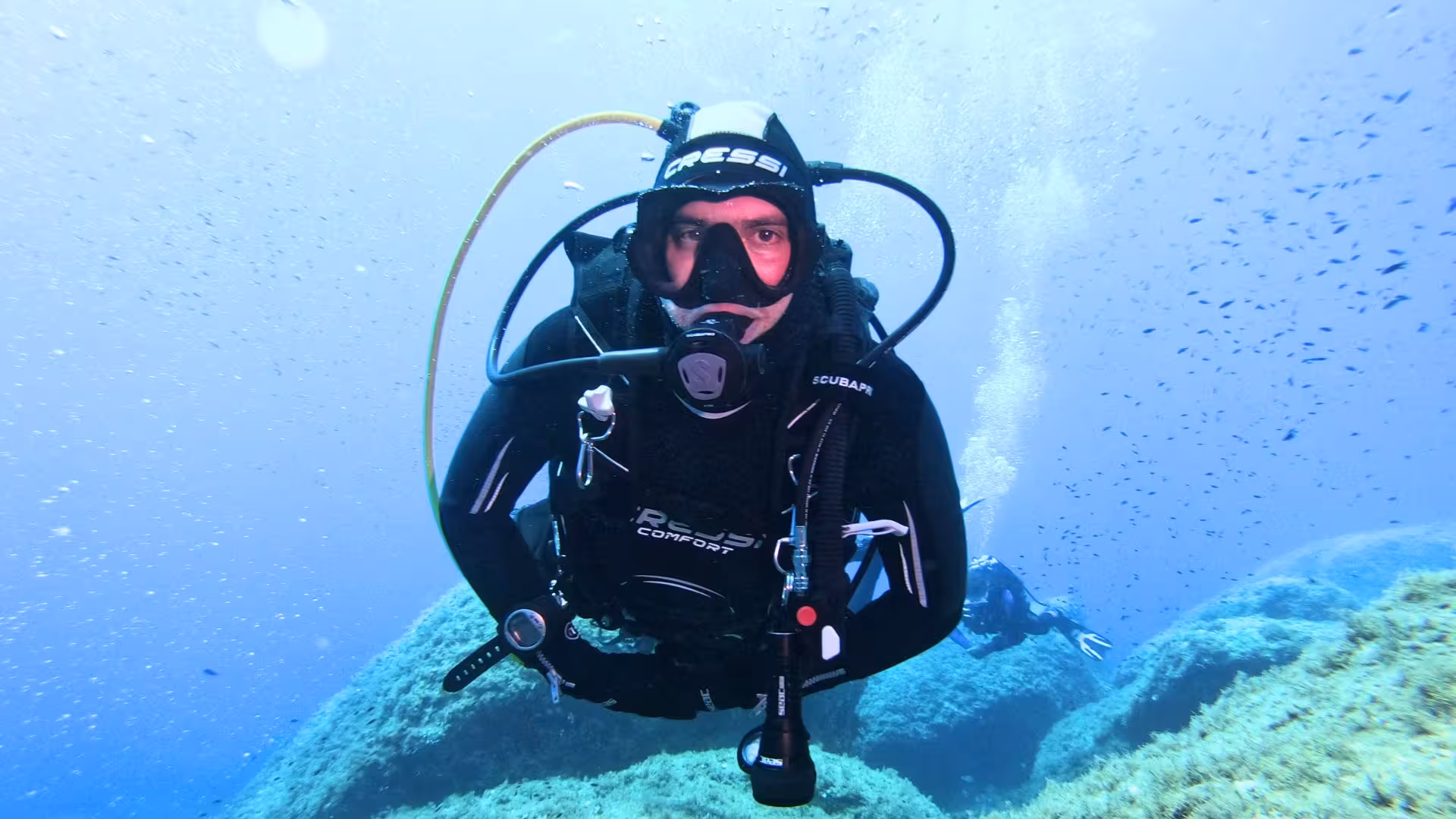 Diver glides over coral reefs in the Gulf of Angels, Cagliari, surrounded by schools of fish in a serene underwater landscape.