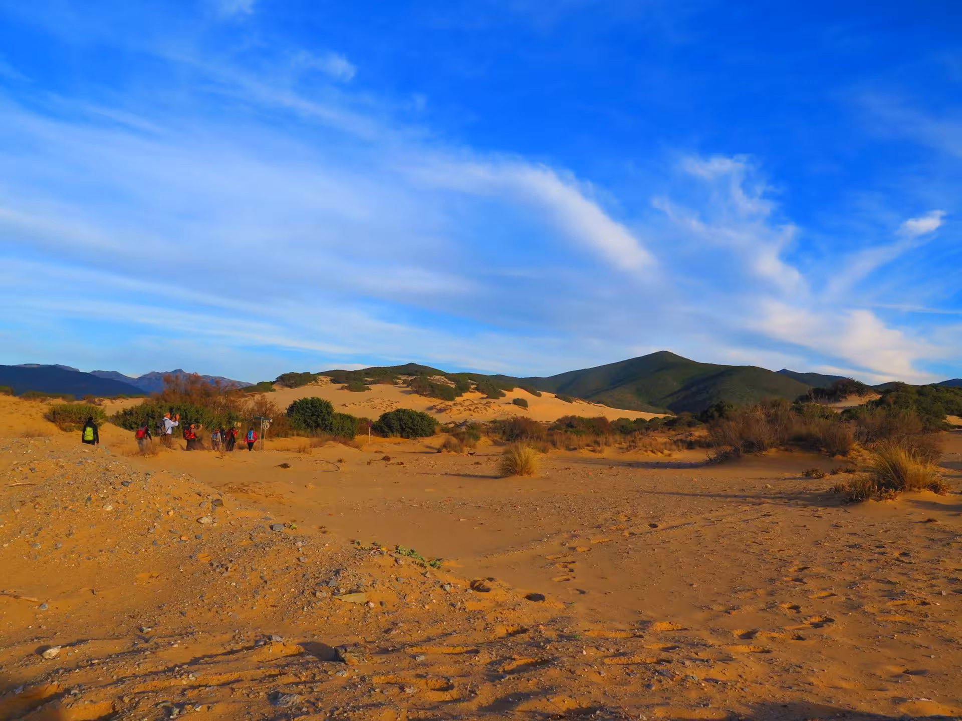 Group of tourists walking through the vast golden sand dunes under a clear blue sky in Piscinas, Sardinia.