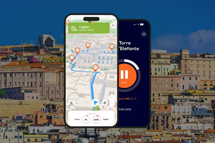Self-guided audio walking tour app for Cagliari showing interactive map and Torre dell'Elefante audio guide