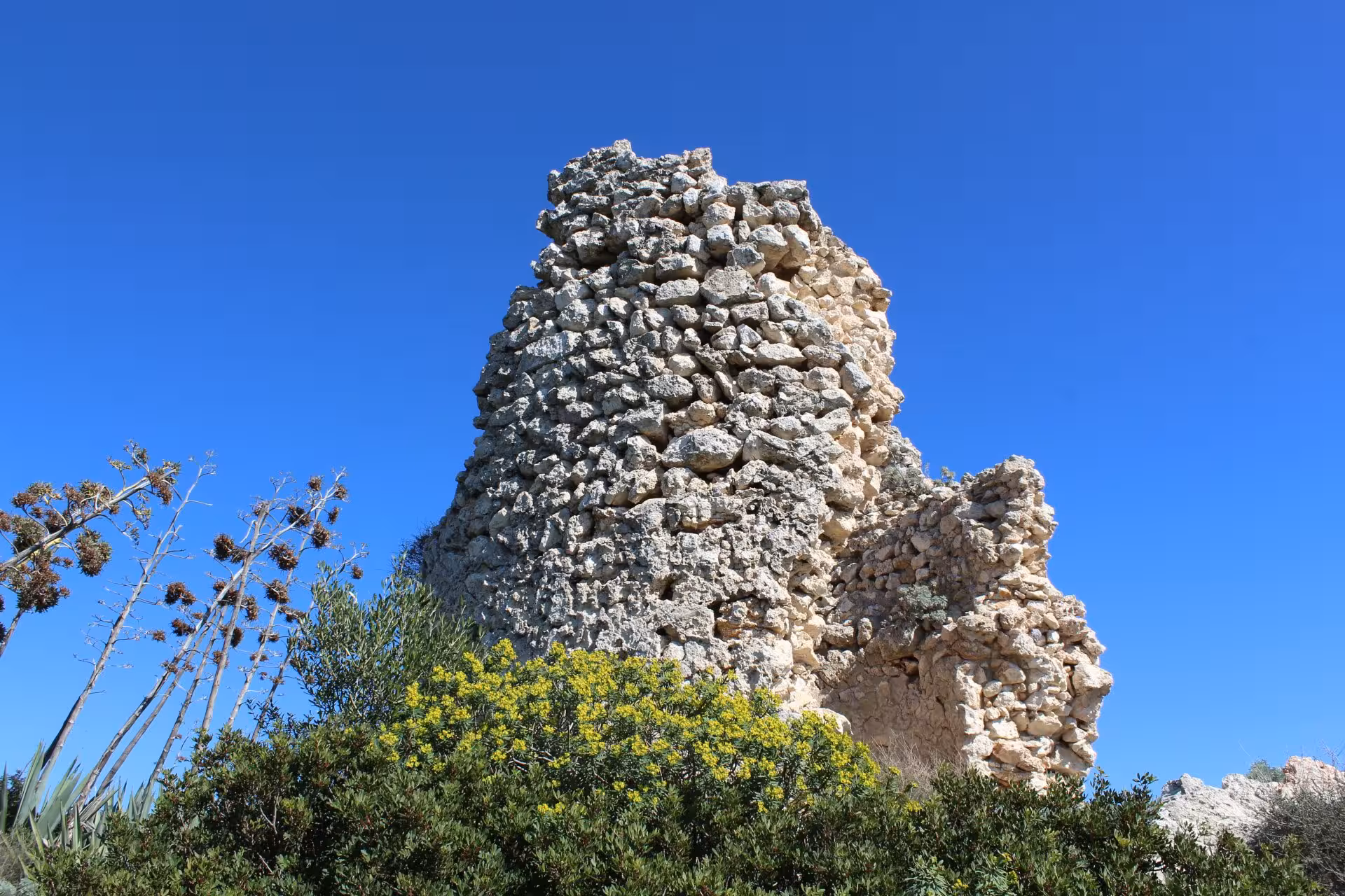 Ancient rocky tower surrounded by lush greenery under a clear blue sky at Sella del Diavolo, Cagliari.